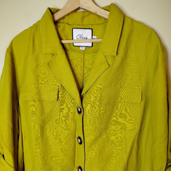 Chaus Linen-Blend Shacket — Chartreuse, Roll-Tab Sleeves, Pockets — 22W - Picture 3 of 8